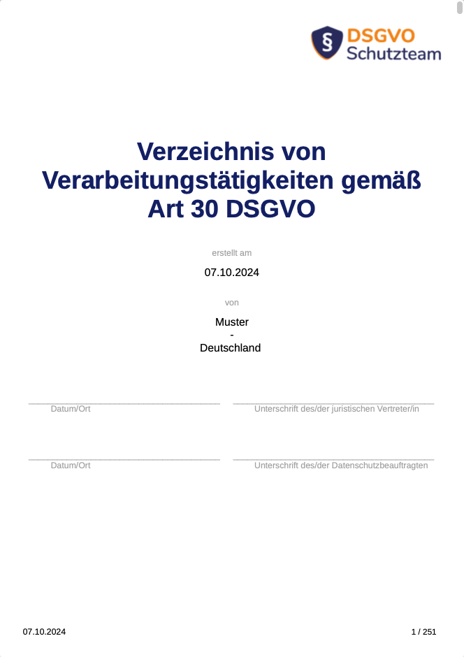 DSGVO Schutzteam Verarbeitungsverzeichnis
